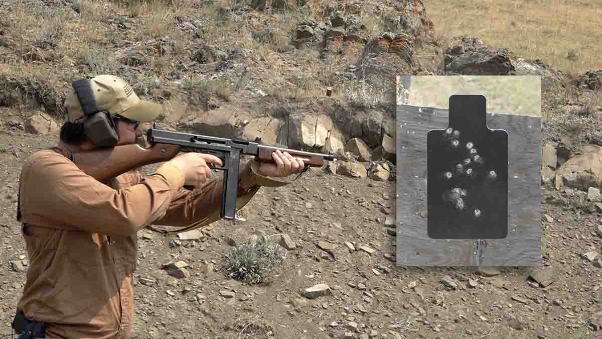 Jeremiah shooting the M1 Thompson submachine gun.